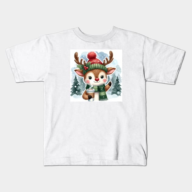 Cute Reindeer Coffee Lover Gifts Kids T-Shirt by dinokate